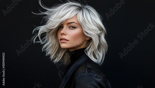 A model with platinum silver hair styled in loose waves, against a solid black background