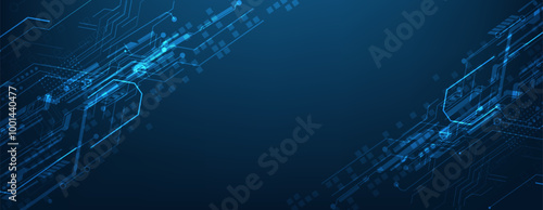 Abstract digital circuit board with glowing blue lines and technological elements on a dark background, symbolizing advanced technology and modern electronics.