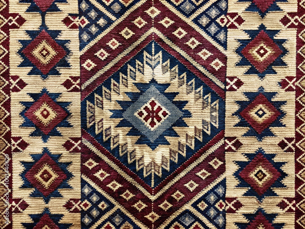 Intricate, hand-woven textile featuring a traditional geometric Kaw pattern in shades of indigo, cream, and burgundy, with subtle texture and natural fibers visible. Intricate, hand-woven textile featuring a traditional geometric Kaw pattern in shades of indigo, cream, and burgundy, with subtle texture and natural fibers visible.