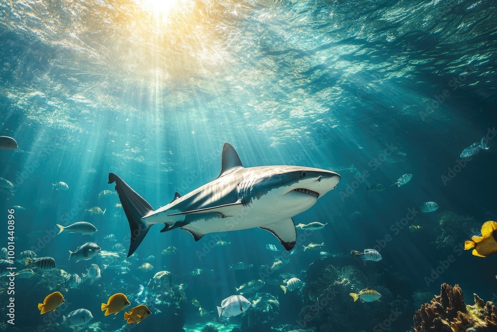Obraz premium Shark swimming in blue ocean. Perfect for nature, wildlife, and ocean photography.