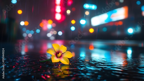 8. A single delicate flower blooms against the backdrop of wet urban decay lit by neon lights