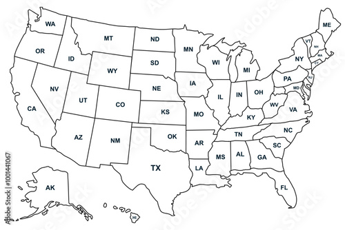 United States of America map. USA map with states and state names. Map of USA with state abbreviations