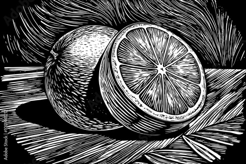 Black and White Illustration of Fresh Citrus Fruit