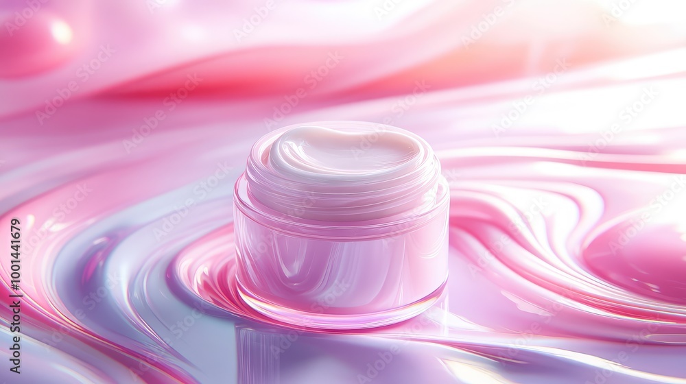 A luxurious 3D image of body cream in an elegant jar, surrounded by swirling liquid patterns and soft pastel tones A luxurious 3D image of body cream in an elegant jar, surrounded by swirling liquid patterns and soft pastel tones
