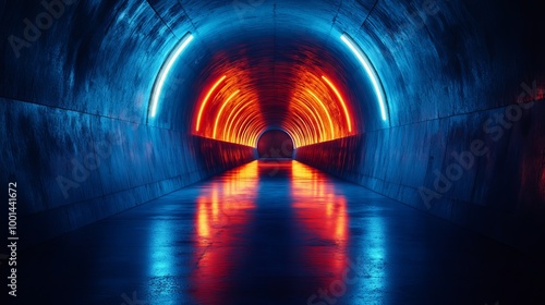 A tunnel with neon lights that are red and blue