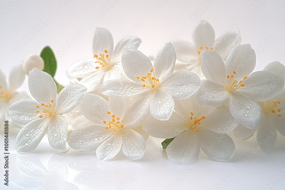 A bouquet of white flowers with droplets of water on them A bouquet of white flowers with droplets of water on them