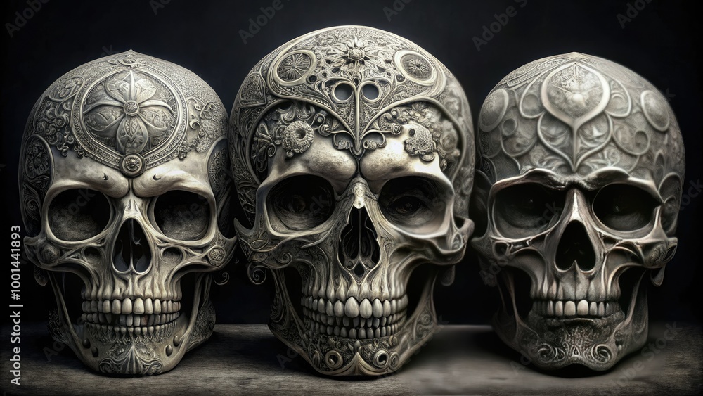 Intricately detailed pencil sketches of human skulls in various orientations, adorned with ornate patterns and symbolic motifs, set against a stark black background. Intricately detailed pencil sketches of human skulls in various orientations, adorned with ornate patterns and symbolic motifs, set against a stark black background.