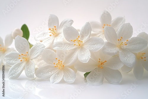 A bouquet of white flowers with droplets of water on them