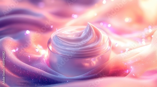 A luxurious 3D image of body cream in a frosted container, surrounded by abstract glowing waves of light and soft hues