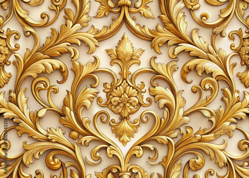 Intricately patterned Renaissance-inspired design featuring ornate foliage, scrollwork, and ornamental accents in a rich gold and cream color palette, evoking classic Italian elegance and sophisticati Intricately patterned Renaissance-inspired design featuring ornate foliage, scrollwork, and ornamental accents in a rich gold and cream color palette, evoking classic Italian elegance and sophisticati