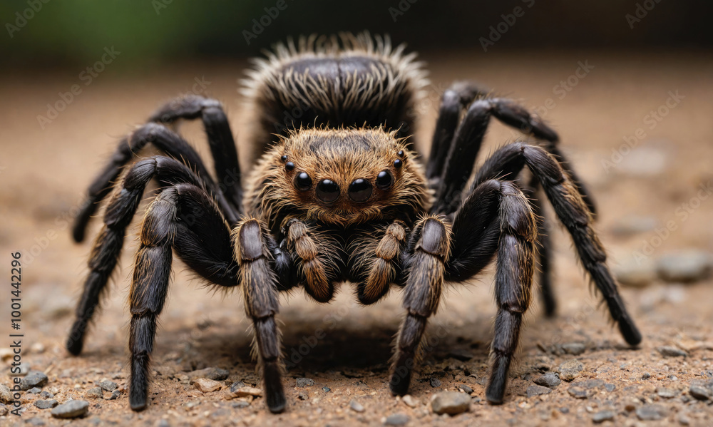 A large spider sits on the ground, its hairy legs and eight eyes focused on the camera A large spider sits on the ground, its hairy legs and eight eyes focused on the camera