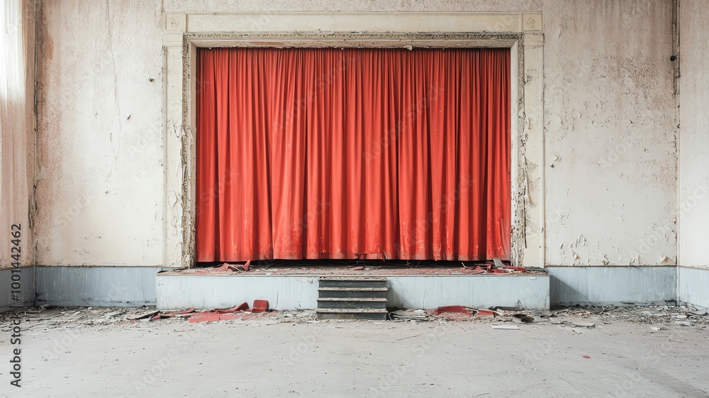 Derelict theater with tattered red curtains and broken seats, once a hub of entertainment, now abandoned abandoned theater, lost grandeur Derelict theater with tattered red curtains and broken seats, once a hub of entertainment, now abandoned abandoned theater, lost grandeur