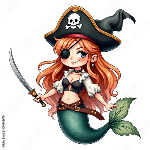 Chibi pirate mermaid with eyepatch and sword, cute fantasy character in pirate hat and nautical theme photo