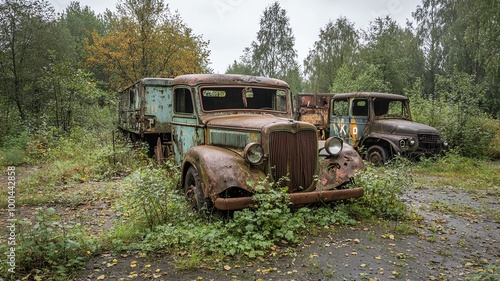 Deserted military base with rusting vehicles and overgrown barracks, abandoned after war abandoned military base, forgotten conflict