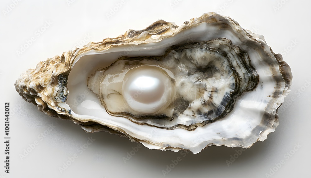 A pristine oyster shell slightly opened, showing the glistening pearl of seafood within, laid on a white backdrop A pristine oyster shell slightly opened, showing the glistening pearl of seafood within, laid on a white backdrop