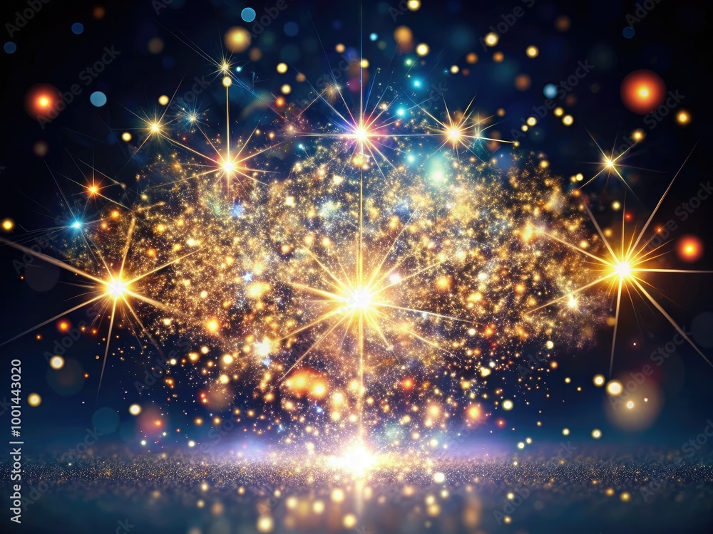 Fototapeta premium Iridescent transparent sparks scatter across a dark background, radiating a mesmerizing glow of shimmering lights, evoking a sense of magic and wonder.