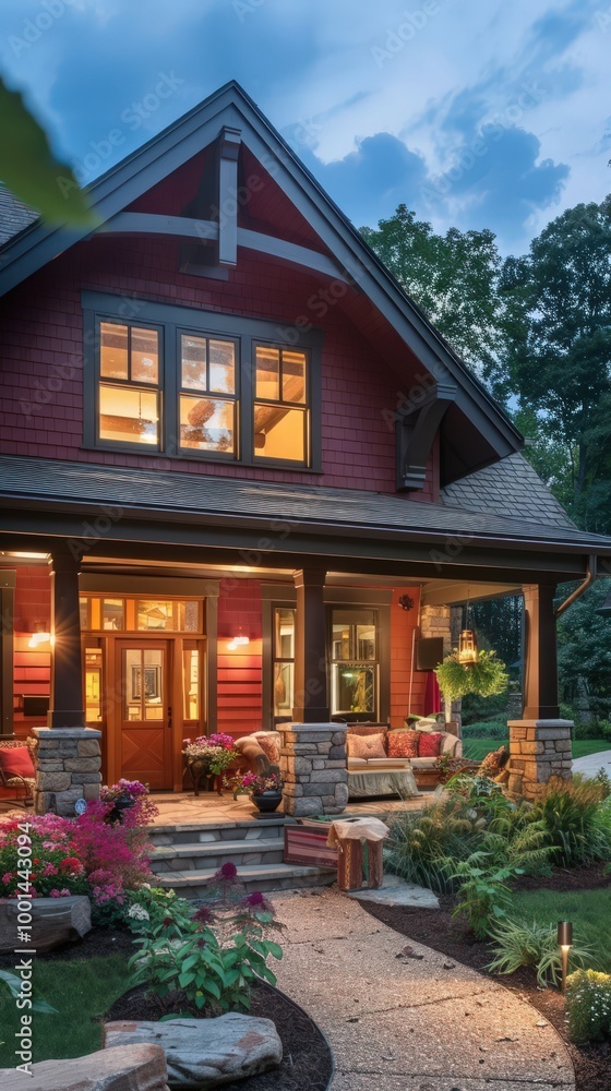 Charming urban craftsman home in dark red with stone details, a cozy porch, and vibrant landscaping, captured at dusk. Charming urban craftsman home in dark red with stone details, a cozy porch, and vibrant landscaping, captured at dusk.
