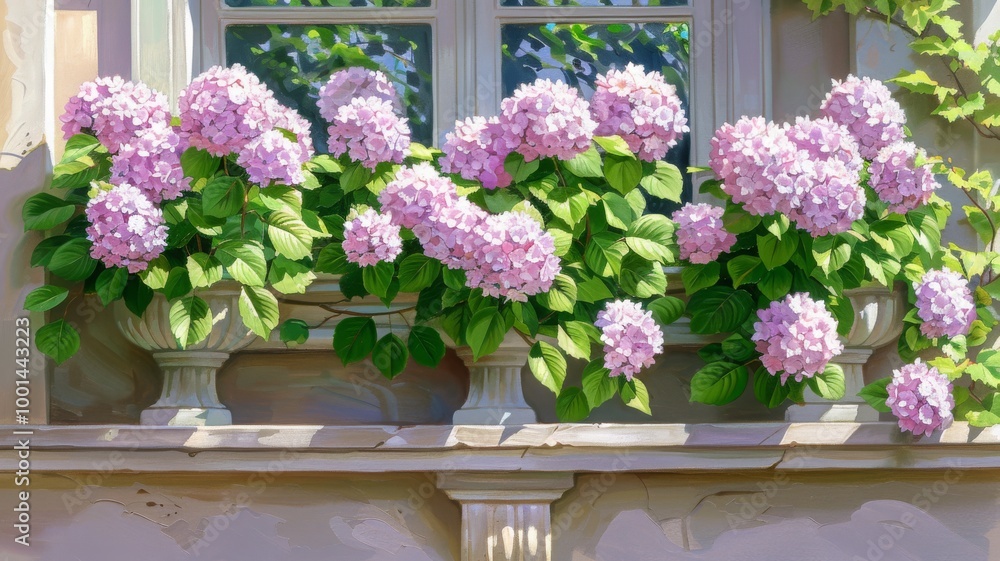 picturesque window with lush hydrangea flowers in full bloom, featuring soft pink petals and rich green leaves, peaceful and charming atmosphere perfect for garden designs and home decor themes picturesque window with lush hydrangea flowers in full bloom, featuring soft pink petals and rich green leaves, peaceful and charming atmosphere perfect for garden designs and home decor themes