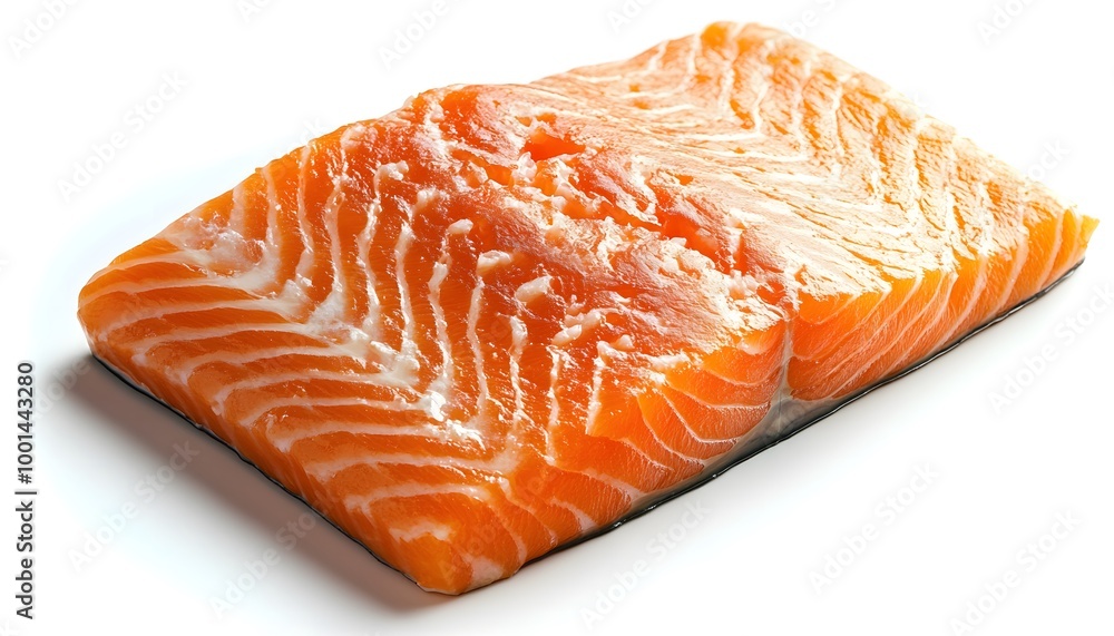 A salmon fillet with visible fat marbling, neatly placed on a clean white background A salmon fillet with visible fat marbling, neatly placed on a clean white background