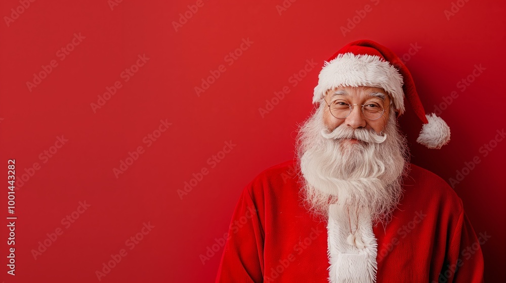 A smiling Santa Claus with a red hat and beard standing in front of a red wall A smiling Santa Claus with a red hat and beard standing in front of a red wall