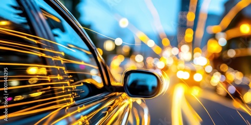 Futuristic car driving down a neonblue highway in a glowing AIgenerated cityscape Hightech lighting photo