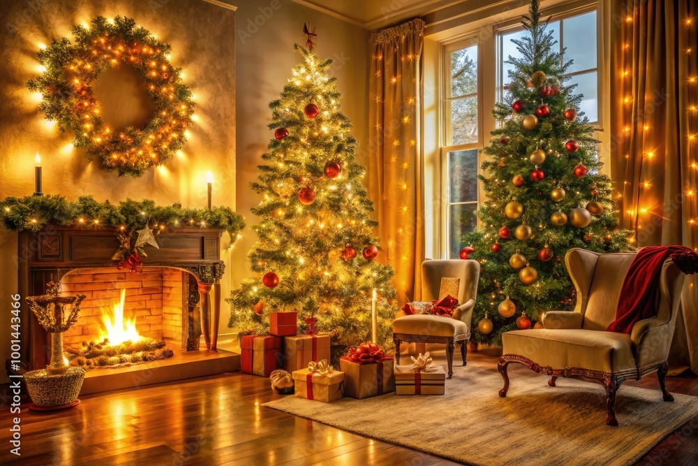 custom made wallpaper toronto digitalJoyous holiday scene featuring a golden-lit festive living room with decorated Christmas tree, garlands, stockings, and presents, evoking a sense of warmth and celebration.