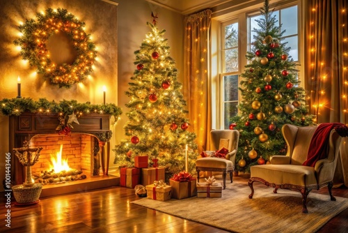 Wallpaper Mural Joyous holiday scene featuring a golden-lit festive living room with decorated Christmas tree, garlands, stockings, and presents, evoking a sense of warmth and celebration. Torontodigital.ca