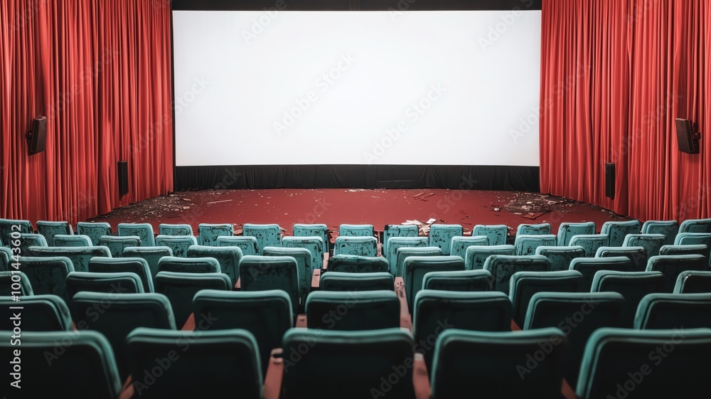 Empty movie theater with broken projectors and dusty seats, left in ...