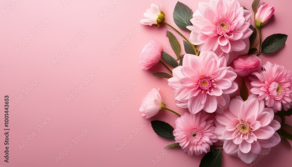 Pink flowers on a pink background. Flat Lay. Copy space. Pink flowers on a pink background. Flat Lay. Copy space.