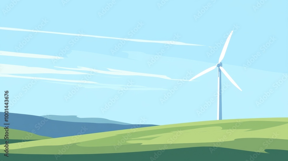 Simple flat art style wind turbine on a green field, symbolizing sustainable energy and a clean future. Simple flat art style wind turbine on a green field, symbolizing sustainable energy and a clean future.