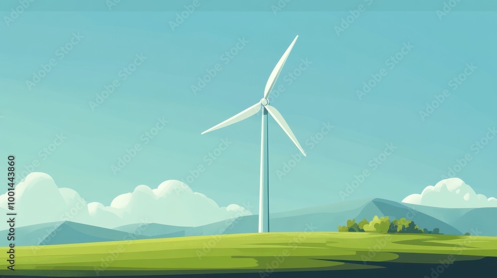 Fototapeta premium Simple flat art style wind turbine on a green field, symbolizing sustainable energy and a clean future.