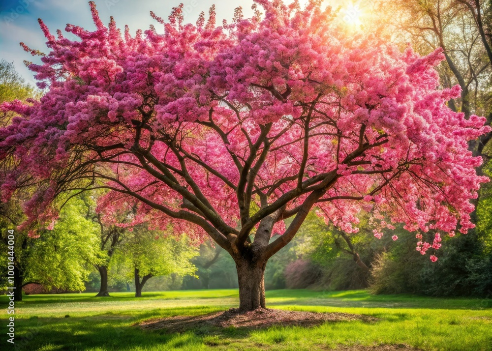 Lush foliage surrounds vibrant pink blossoms of majestic tree, showcasing stunning, rounded, and full breasted flowers in warm, natural light and soft focus. Lush foliage surrounds vibrant pink blossoms of majestic tree, showcasing stunning, rounded, and full breasted flowers in warm, natural light and soft focus.