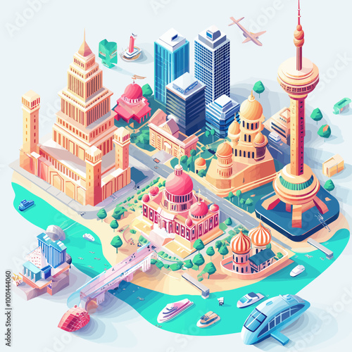 Virtual Tourism Concept, Isometric Landmark Exploration