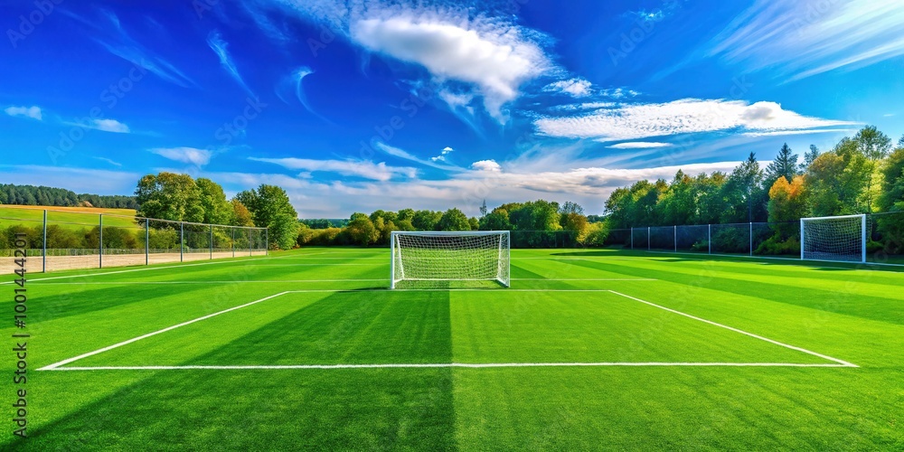 Fototapeta premium Green soccer field board with white markings and goalposts under a clear blue sky on sunny day