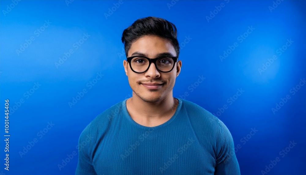 Portrait of a young man with glasses in a studio on a blue background. Portrait of a young man with glasses in a studio on a blue background.