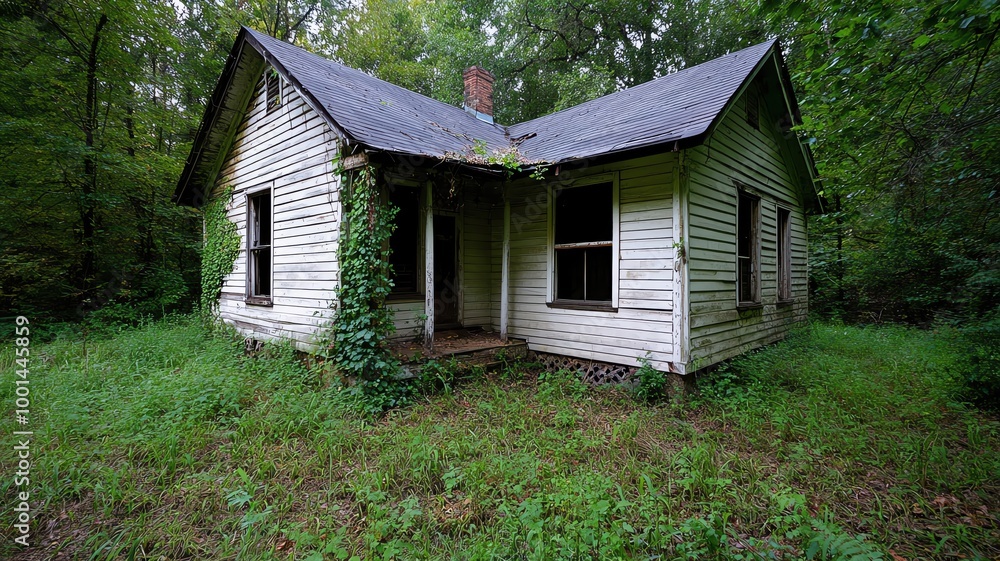 Fototapeta premium Old, decaying wooden house with vines crawling up the walls, left to rot in the forest overgrown house, nature reclaiming