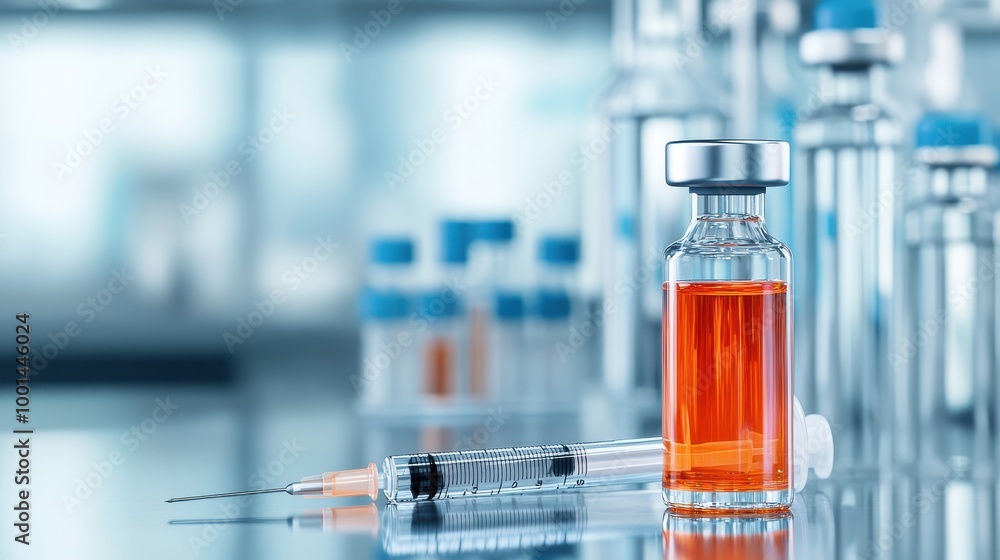 Red liquid vial and syringe with blurred medical background, healthcare concept Red liquid vial and syringe with blurred medical background, healthcare concept