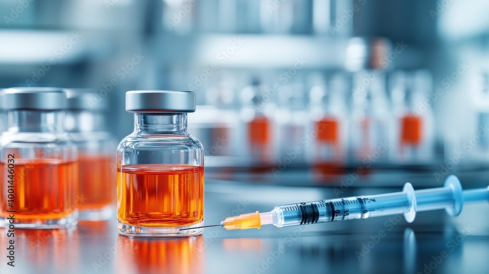 Red liquid vial and syringe with blurred medical background, healthcare concept Red liquid vial and syringe with blurred medical background, healthcare concept