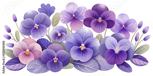 Violets and Pansies with Grain Effect on White Background