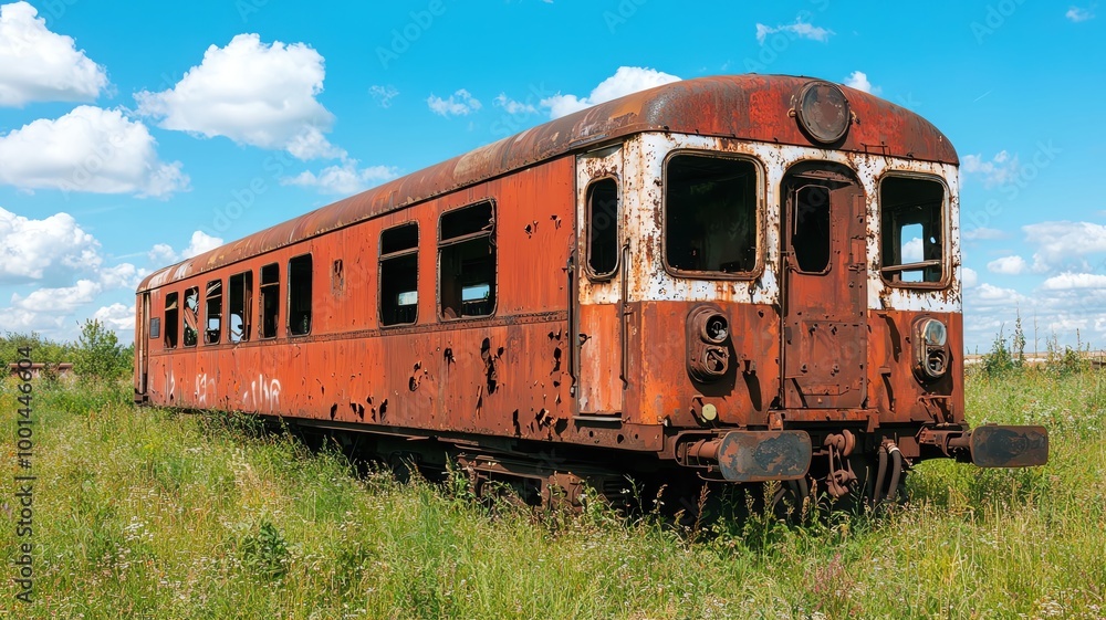 Old train carriage rusting away in a field, left to the elements and overgrown with weeds abandoned train, forgotten transportation Old train carriage rusting away in a field, left to the elements and overgrown with weeds abandoned train, forgotten transportation