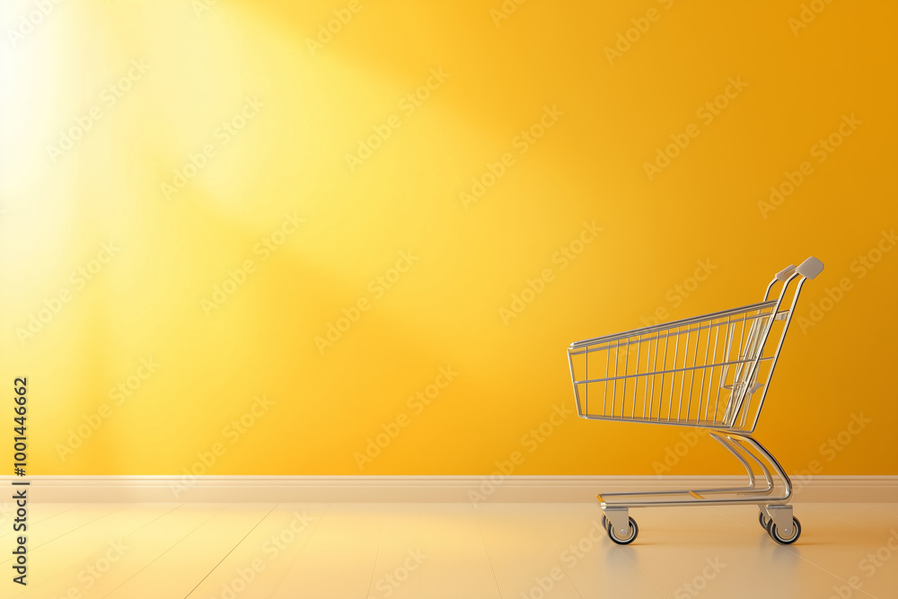 A shopping cart abandoned by a bright yellow wall bathed in sunlight during the afternoon A shopping cart abandoned by a bright yellow wall bathed in sunlight during the afternoon