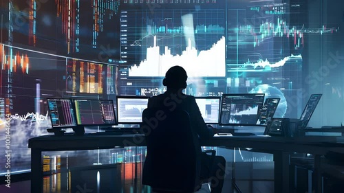 A professional sits in a modern control room surrounded by screens displaying financial data and graphs, focused on market analysis and trading strategies