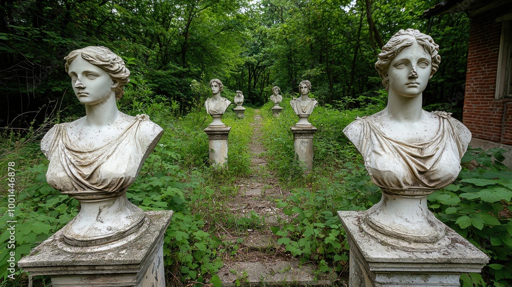 Overgrown garden with broken statues and dried-up fountains, left in ruins abandoned garden, forgotten beauty Overgrown garden with broken statues and dried-up fountains, left in ruins abandoned garden, forgotten beauty