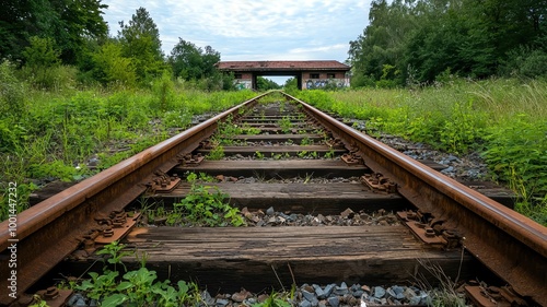 Overgrown train tracks leading to a broken-down train station, overtaken by nature   abandoned tracks, nature reclaiming photo