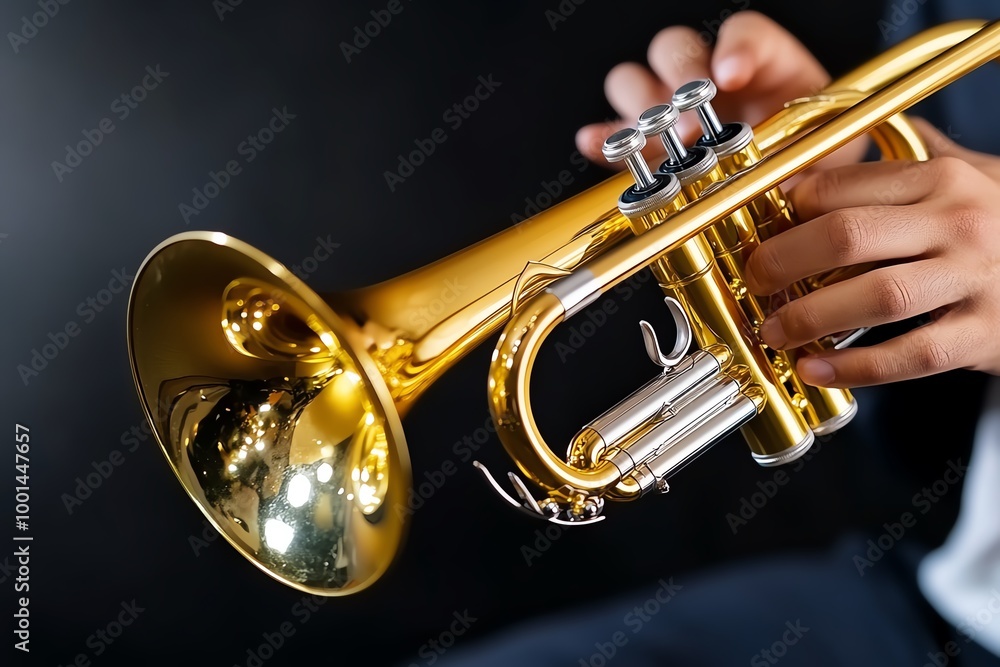Obraz premium Detailed view of a trumpet in mid-play, focusing on the texture of the brass, the musicianâ€™s fingers on the valves, and the fine reflections of light on the polished surface