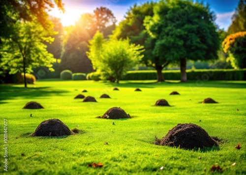 Lush Green Lawn with Several Molehills Created by Burrowing Animals in a Garden Setting photo