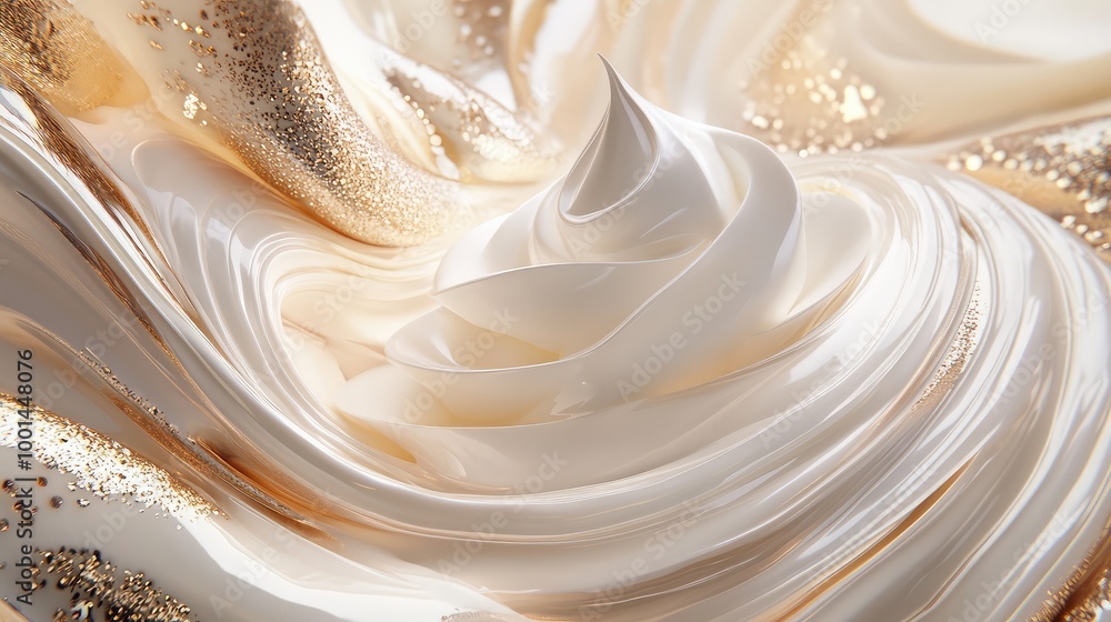 An artistic 3D composition of body cream with swirling textures, surrounded by abstract metallic elements and soft lighting An artistic 3D composition of body cream with swirling textures, surrounded by abstract metallic elements and soft lighting