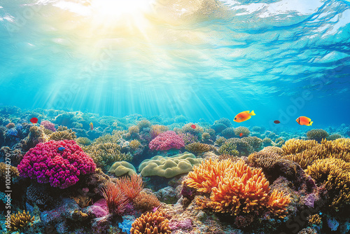 Wallpaper Mural Underwater images of beautiful multi-colored shallow corals, sea anemones and schools of fish, and sunlight streaming in from above. Torontodigital.ca