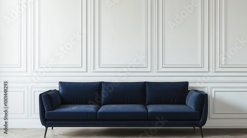 Mock up frame in a bare empty room with warm white walls and a stylish navy blue sofa, 3D render 