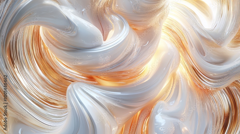 An artistic 3D image of shampoo cream forming intricate swirls, set against a background of shimmering, flowing metallic lines An artistic 3D image of shampoo cream forming intricate swirls, set against a background of shimmering, flowing metallic lines